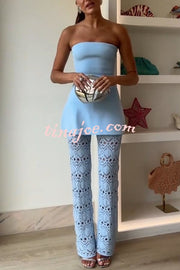 Trena Crochet Knit Hollow Mid Rise Stretch Wide Leg Pants