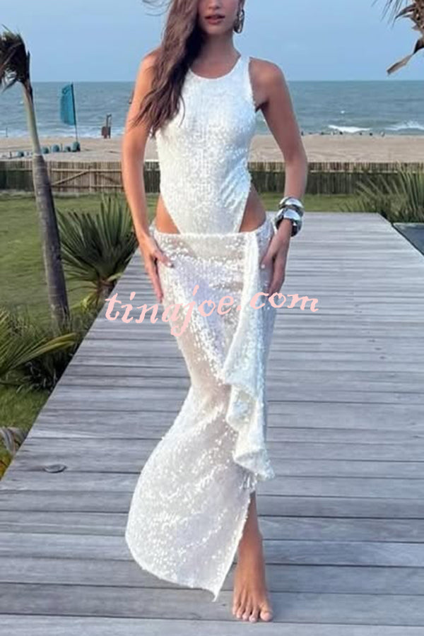 Fashion Sequin Sleeveless Fitted Rompers and Holiday Slit Maxi Skirt Set