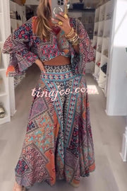 Unique Boho Ethnic Print Balloon Sleeve Crop Top and Elastic Waist Wide-leg Pants Set