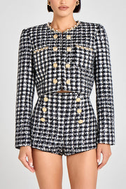 Remy Check Bouclé-tweed Fabric Pearl Trim Gold Button Long Sleeve Jacket