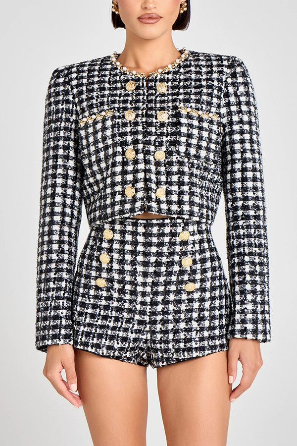 Remy Check Bouclé-tweed Fabric Pearl Trim Gold Button Long Sleeve Jacket