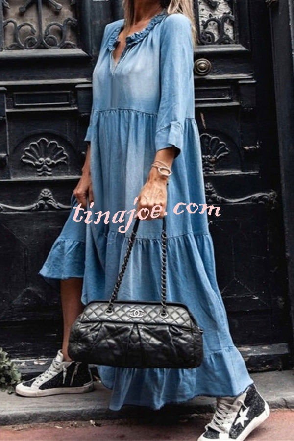 V Neck Long Sleeve Hem Denim Maxi Dress