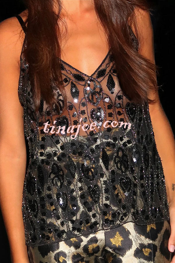 Club Queen Embroidered Sequin Unique Pattern Loose Slip Tank