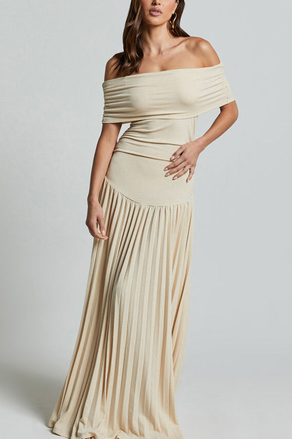 Sexy Off-shoulder Slim Fit Pleated Maxi Dress