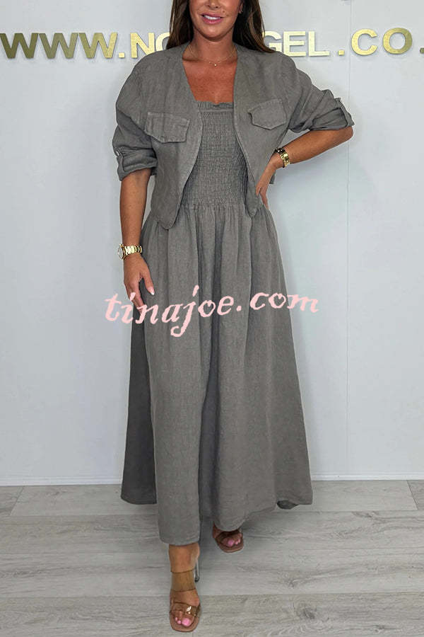 Solid Color Casual Short Jacket and Suspender Pleated Maxi Dress Set