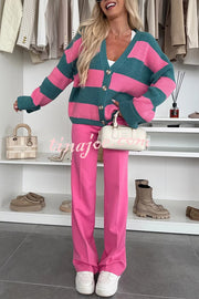 Fashion Contrast Striped Casual V-neck Long-sleeved Knitted Cardigan