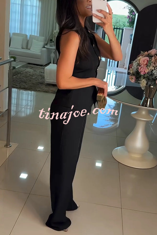 Fashion Lapel Sleeveless Button Vest and Casual Straight-leg Suit Pants Set