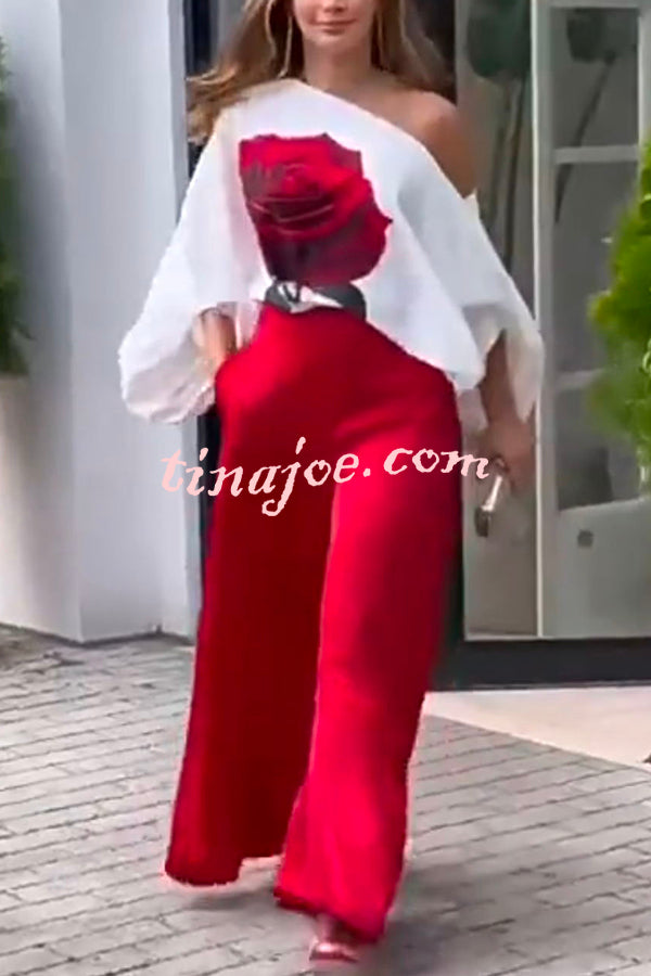 Elegant Rose Print Long Sleeve Belted Wide Leg Pants Suit