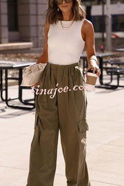 Great Week Pleated Elastic Waist Zipper Pocket Wide Leg Cargo Pants