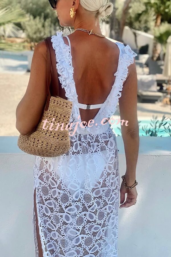 Swimsuit Partner Floral Lace Elastic Waist Back Ruffles Slit Vacation Dress