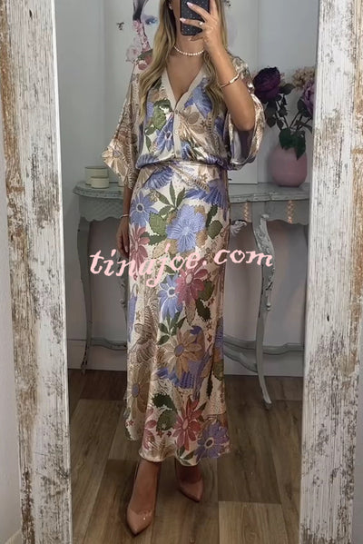 Satin Floral Print V-neck Half-sleeve Loose Top and Elegant Maxi Skirt Set