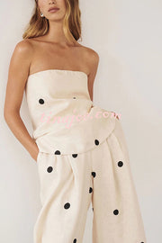 Linen Blend Polka Dot Bandeau Top and Elastic Waist Pocket Wide Leg Pants Set