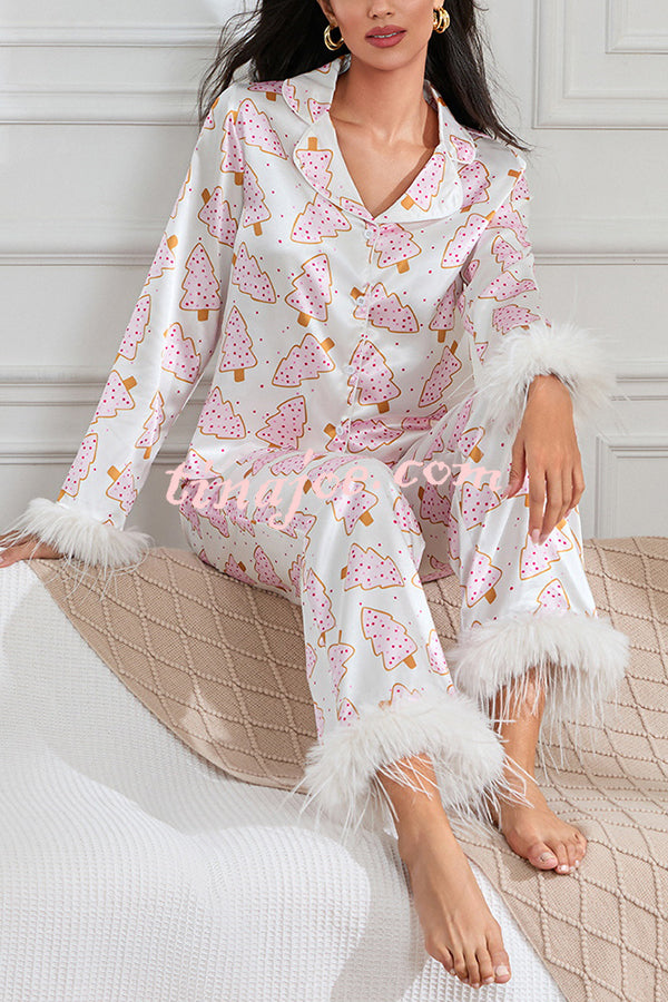 Christmas Print Feather Trim Elastic Waist Pocket Pajama Set