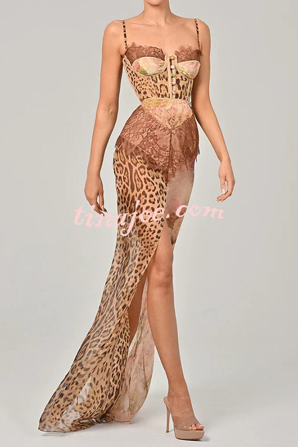 Chiffon Leopard Print Sexy Lace Splicing High Slit Slim Maxi Dress