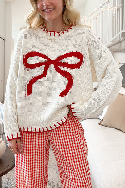 Christmas Bow Contrast Color Locked Edge Long Sleeve Knitted Sweater