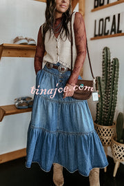 Bohemian High Rise Button Up Loose Denim Pocket Maxi Skirt