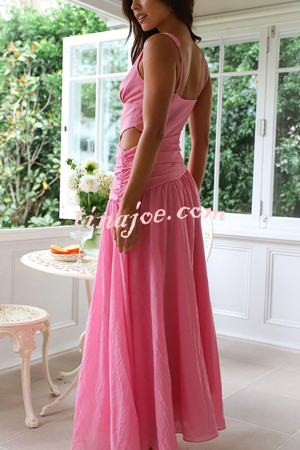 Solid Color V-neck Waist Hollow Slim Maxi Dress