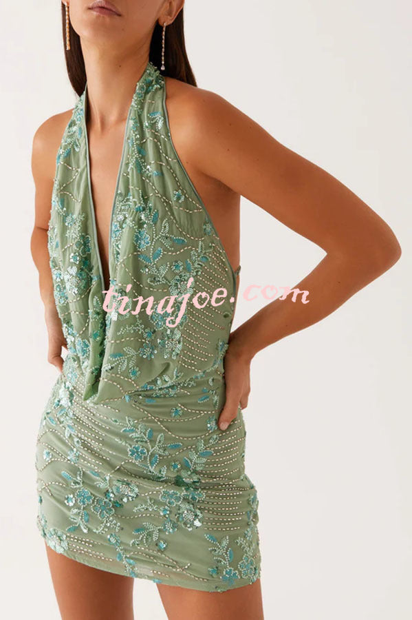 Looking Amazing Sequin Beaded Material Cowl Neck Backless Mini Dress