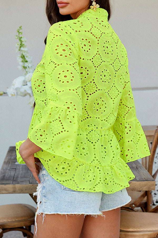 Solid Color Casual Resort Style Hollow V-neck Shirt