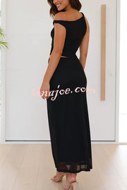 Solid Color Mesh Splicing Waist-baring Slim Maxi Dress