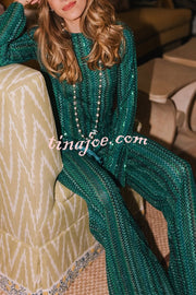Relaxing Time Knit Zigzag Pattern Tassel Trim Slit Top and Wide Leg Pants Set