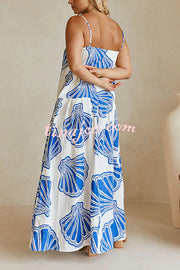 Linen Blend Shell Print Loose Strappy Resort Style Maxi Dress