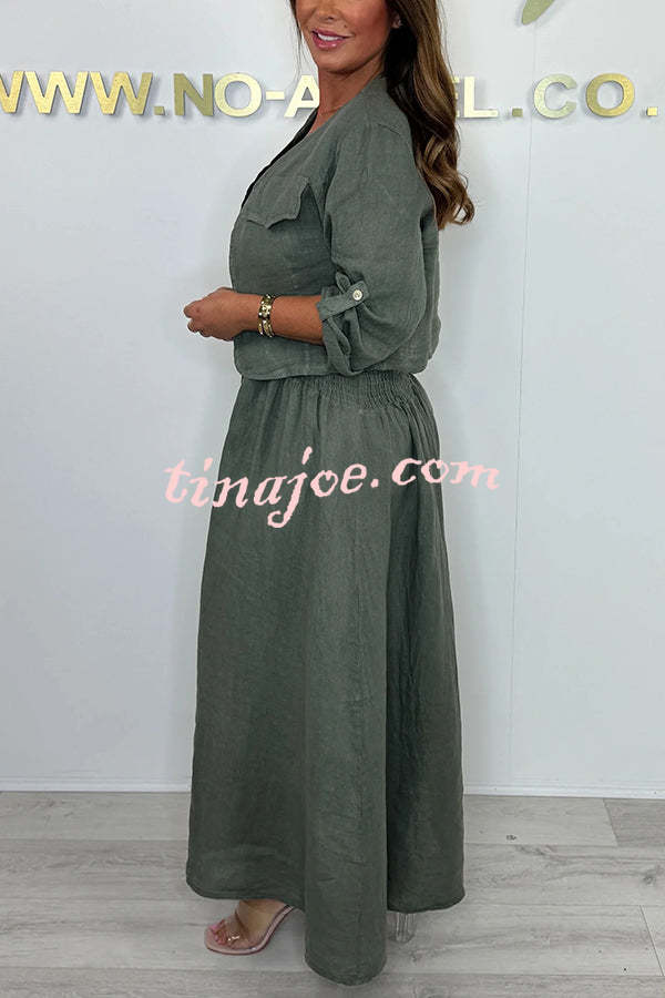 Solid Color Casual Short Jacket and Suspender Pleated Maxi Dress Set