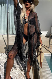 Perfect Look for Vacation Tassle Trim Batwing Sleeve Loose Cover-ups