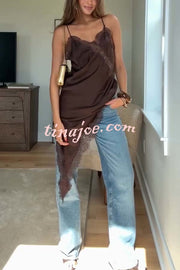 Elouise Satin Lace Trim V-neck Asymmetrical Hem Slip Mini Dress