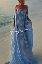 Fairy Spirit Tulle Braided Neckline Tie Arm Straps Pleated Maxi Dress