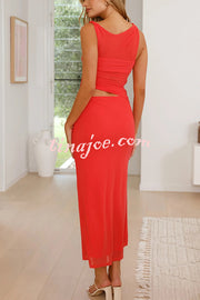 Solid Color Mesh Splicing Waist-baring Slim Maxi Dress