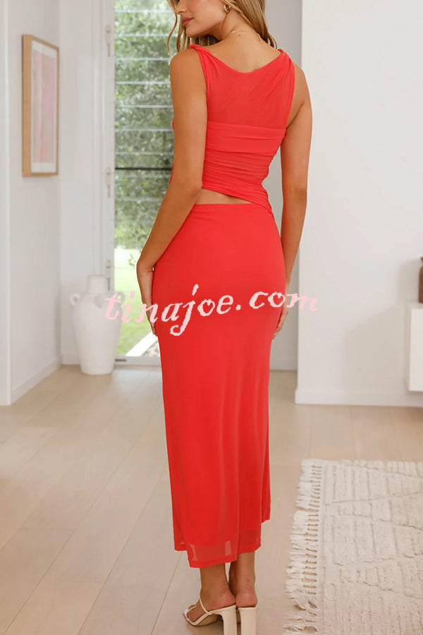 Solid Color Mesh Splicing Waist-baring Slim Maxi Dress