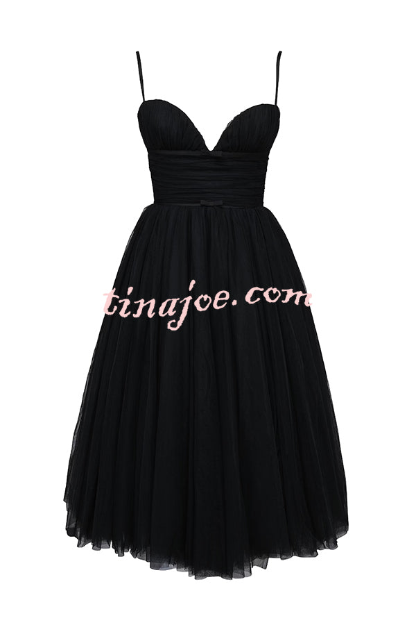 Royal Treatment Tulle Bows Detail Ruched Slip Midi Dress