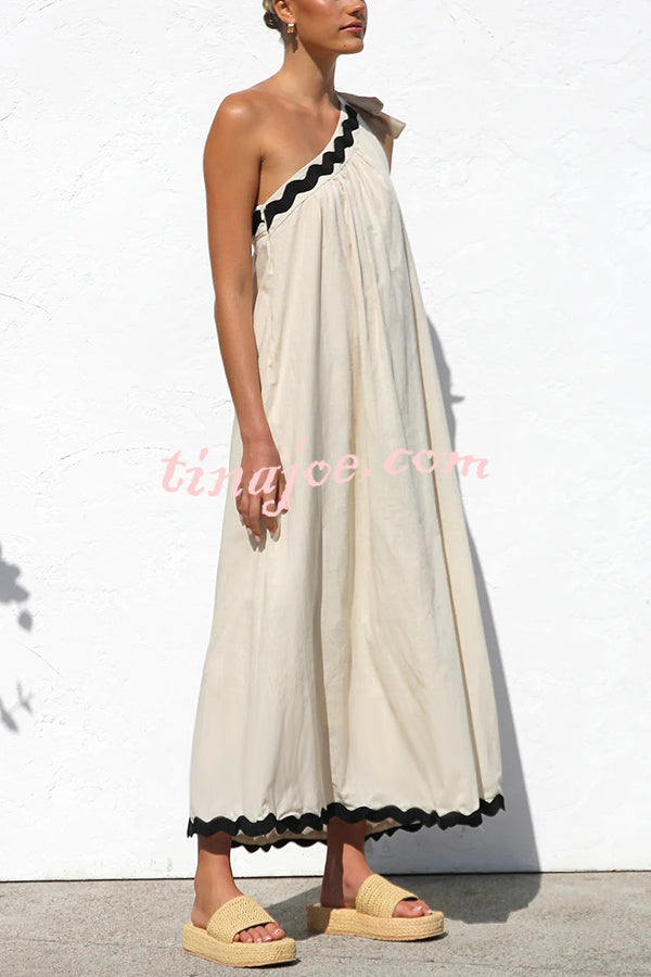 Linen Blend One Shoulder Tie Resort Maxi Dress