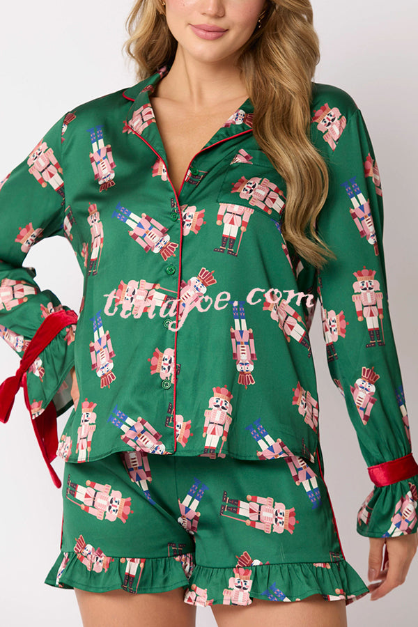 Christmas Fashion Printed Bow Tie Top and Elastic Waist Ruffle Shorts Set