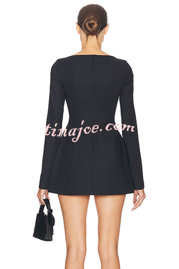 Budding Elegance Bow Detail Boat Neck Long Sleeve Mini Dress