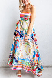 Satin Resort Print Sling Back Pleated Maxi Dress