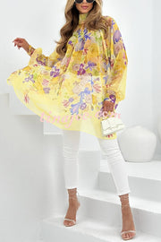 Chiffon Floral Print Turtleneck Long Sleeve Loose Top