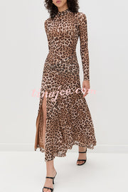 Revina Mesh Leopard Print Mock Neck Gathered Waist Long Sleeve Stretch Midi Dress
