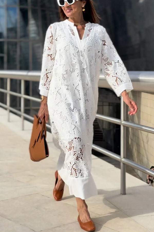 Confidence and Adventure Flower Lace V-neck Bell Sleeve Loose Midi Dress