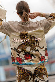 Exotic Leopard Flower Patchwork Print Button Down Oversized Blouse