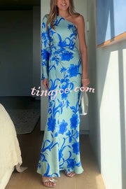 Satin Botanical Print One-Sleeve Resort Maxi Dress