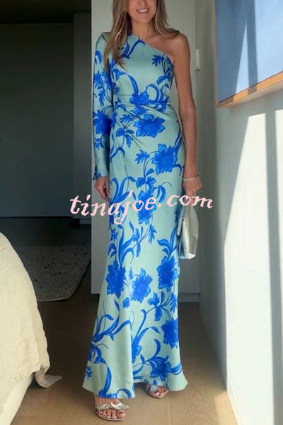 Satin Botanical Print One-Sleeve Resort Maxi Dress