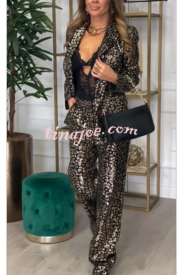 Mona Leopard Metallic Fabric Lapel Boyfriend Blazer and Elastic Waist Pocketed Loose Pants Set