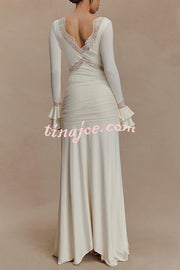 Fashion Lace Splicing Sexy V-neck Long-sleeved Slim Maxi Dress