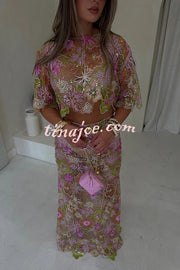 Fashionable Embroidered Flower Sequined Crop Top and Elegant Sheer Maxi Skirt Set