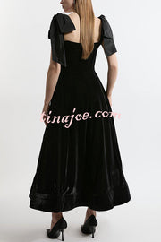 Romantic Type Velvet Bandeau Taffeta Bow Strap Pocketed Prom Maxi Dress