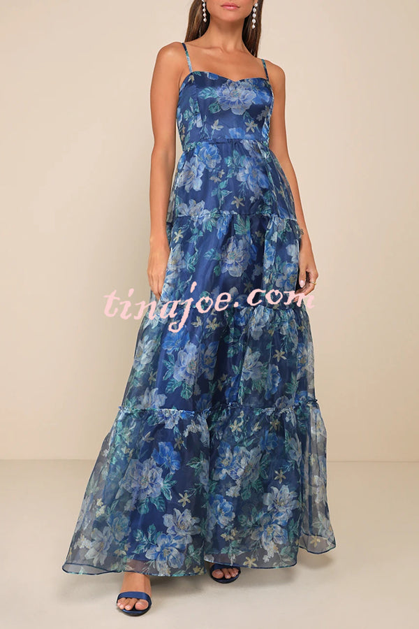 Exclusive Glamour Organza Floral Print Tiered Slip Maxi Dress
