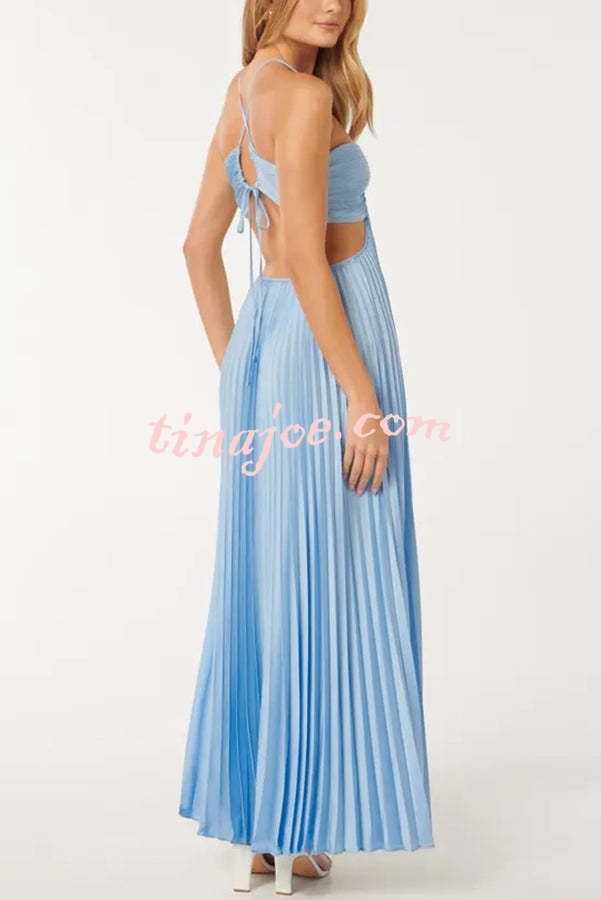 Caught Your Eye Satin Pleated Cross Straps Cutout Flowing Maxi Dress