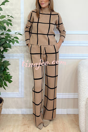 Fashionable Plaid Turtleneck Long Sleeve Top and Elastic Waist Tie Pocket Pants Set